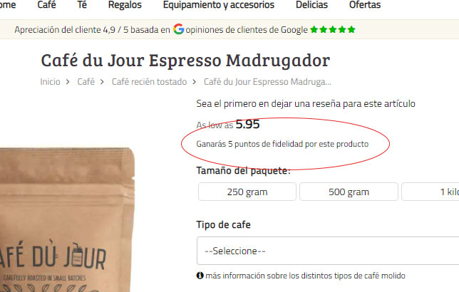 Los puntos de ahorro se indican por producto